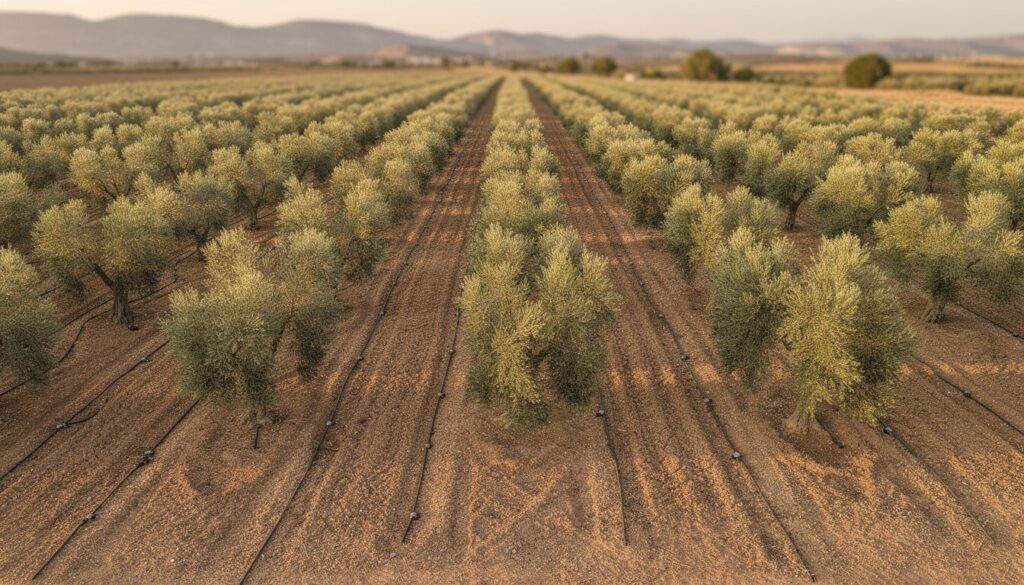Sistema de riego por goteo en olivar intensivo con paisaje mediterráneo